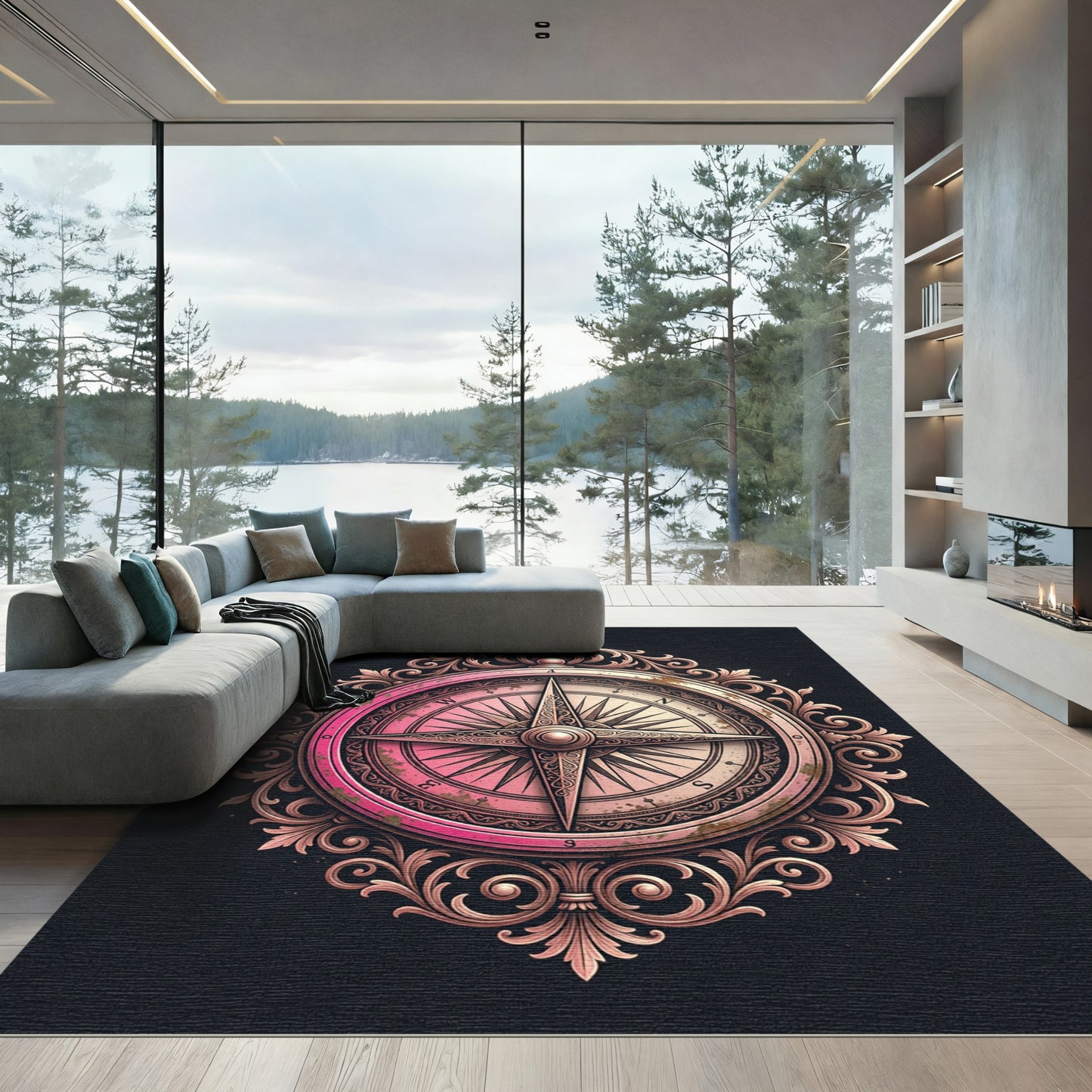 Ornate Pink Compass Rose Emblem Rug