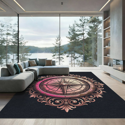 Ornate Pink Compass Rose Emblem Rug