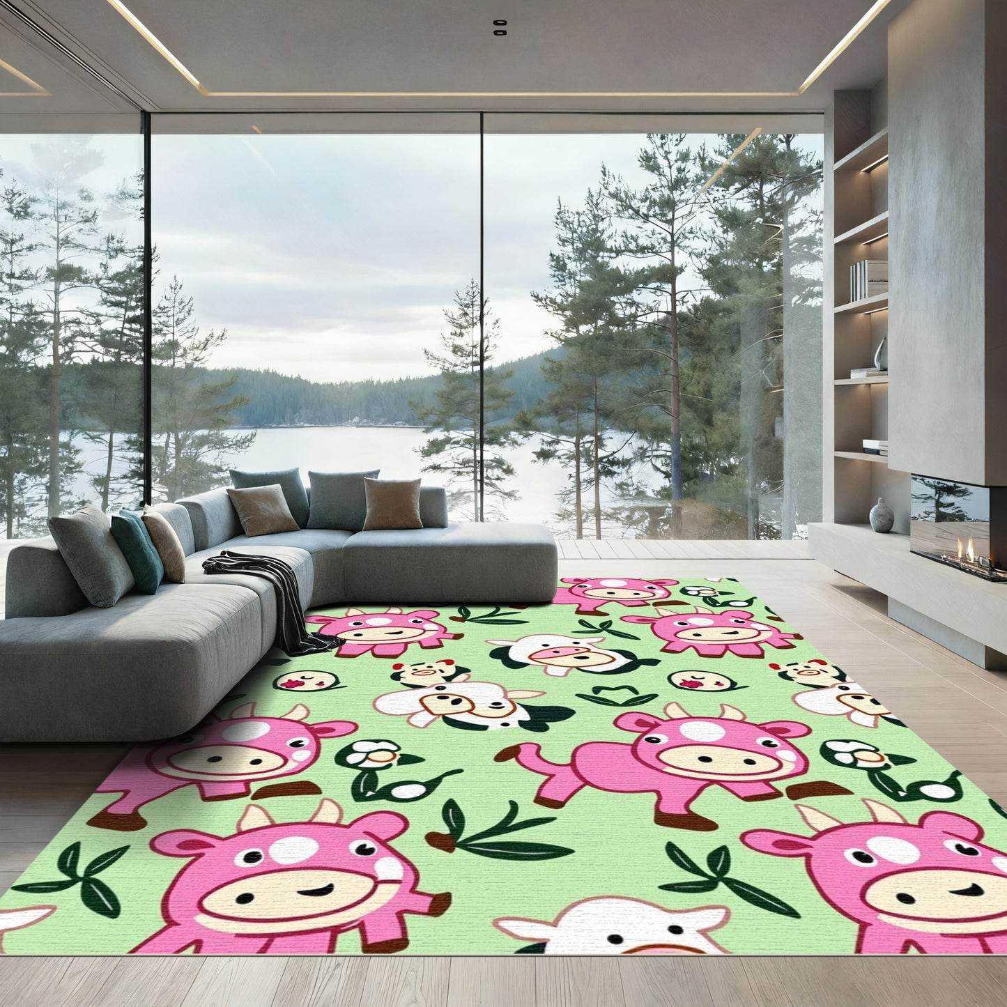 Cute Pink Cow Garden Pattern Rug