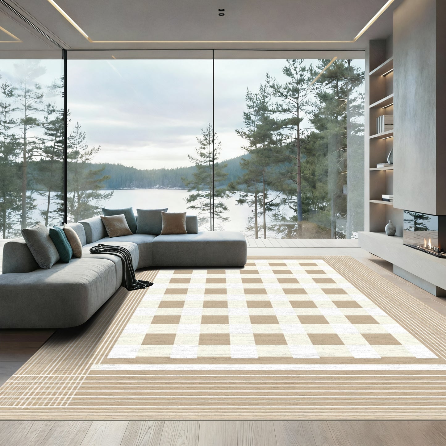 Classic Tan Gingham Plaid Area Rug