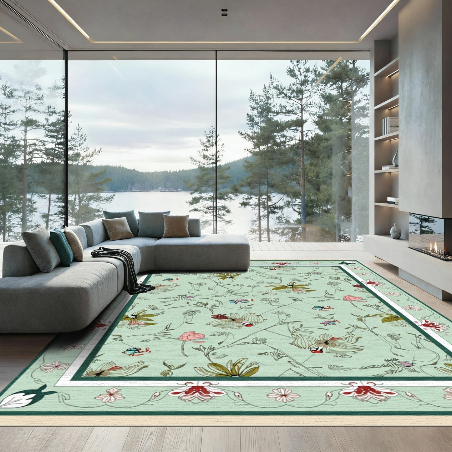 Mint Green Floral Vine Garden Rug