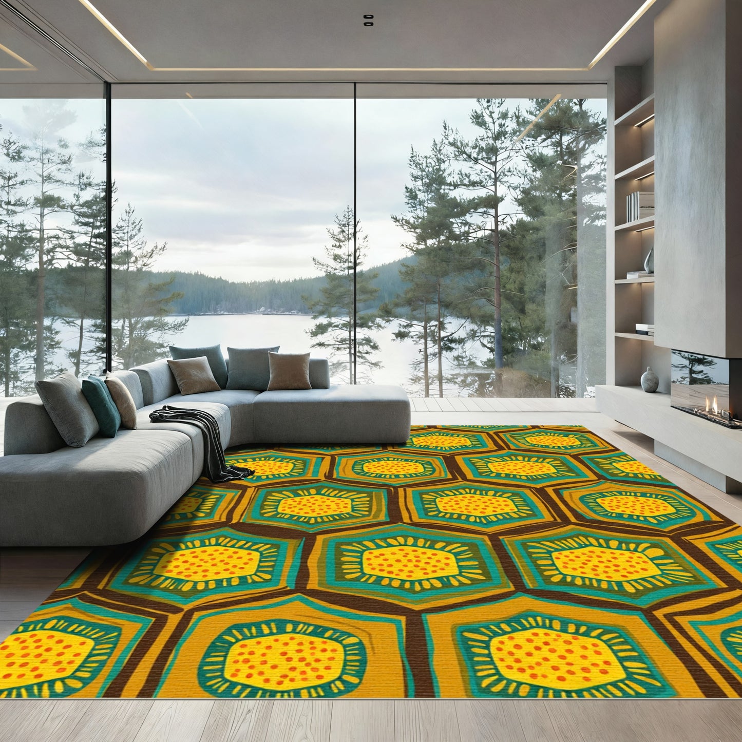 Golden Teal Hexagonal Medallion Rug