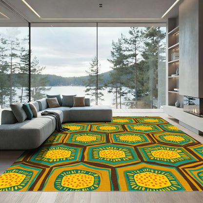 Golden Teal Hexagonal Medallion Rug