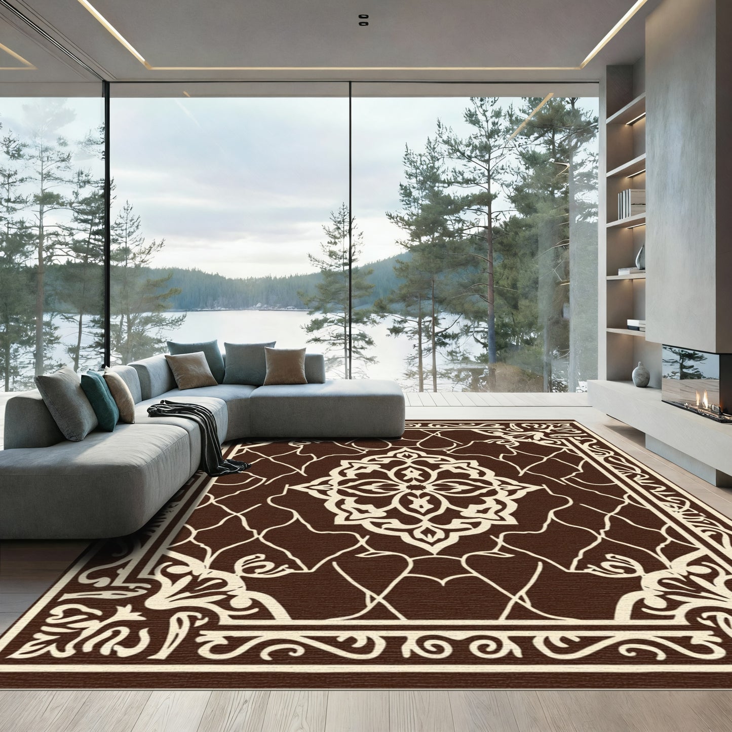 Brown Cream Ornamental Central Medallion Rug