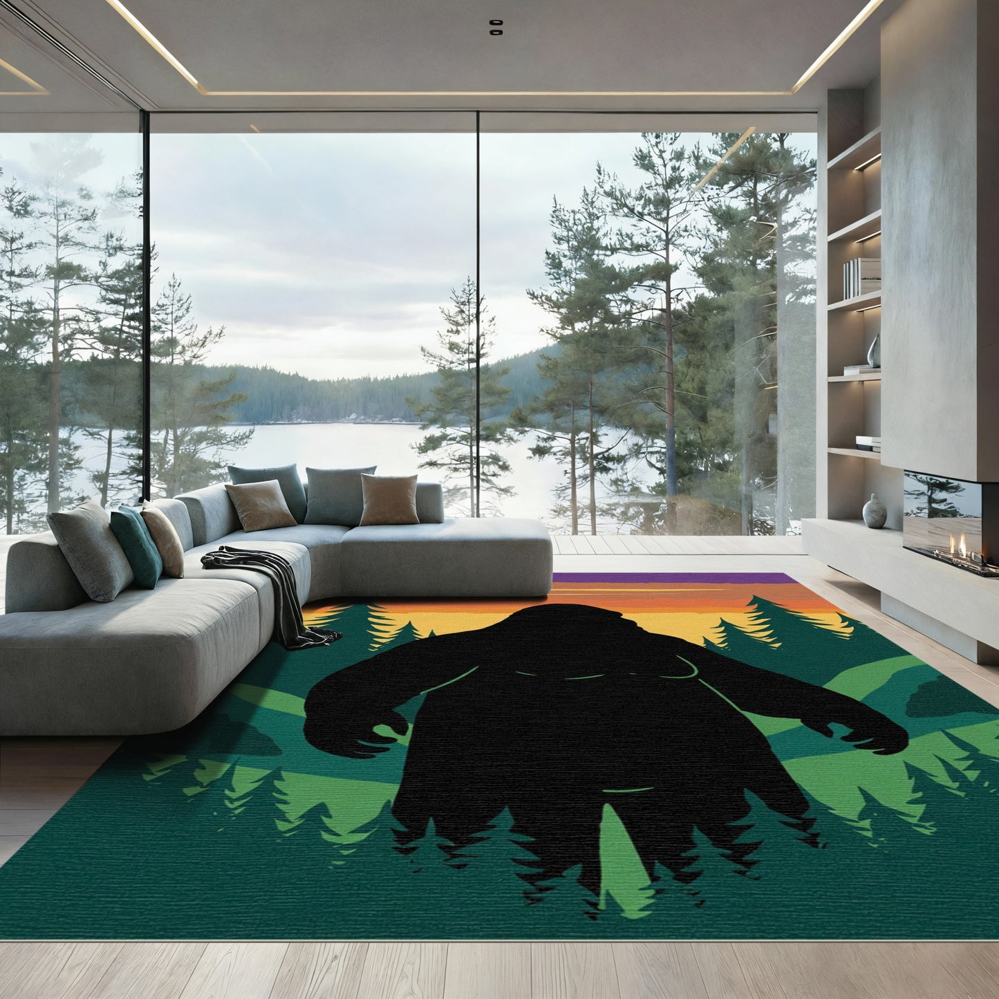Mysterious Forest Bigfoot Sunset Horizon Rug