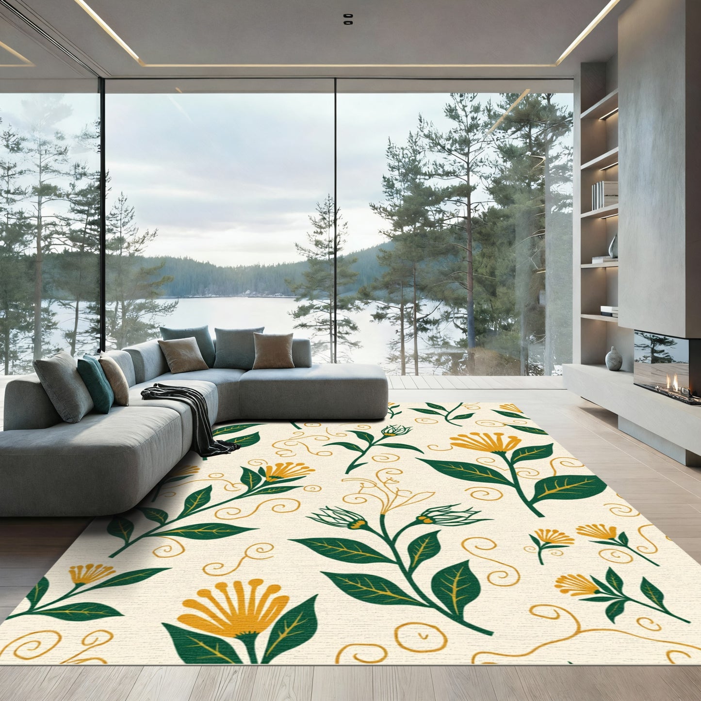 Golden Botanical Scroll Foliage Rug