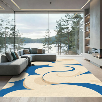 Modern Blue Cream Swirl Abstract Rug