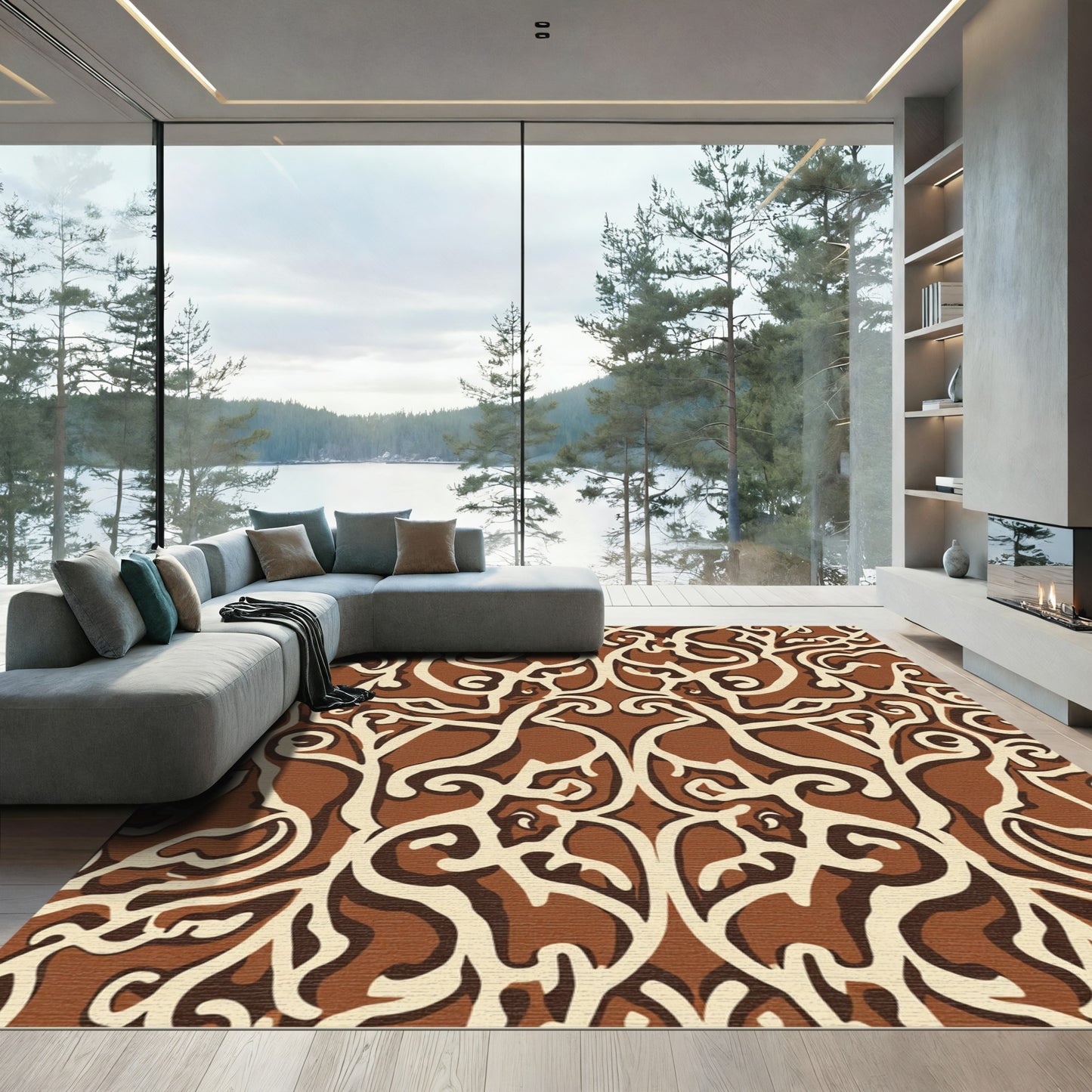 Earthy Ochre Swirling Abstract Rug