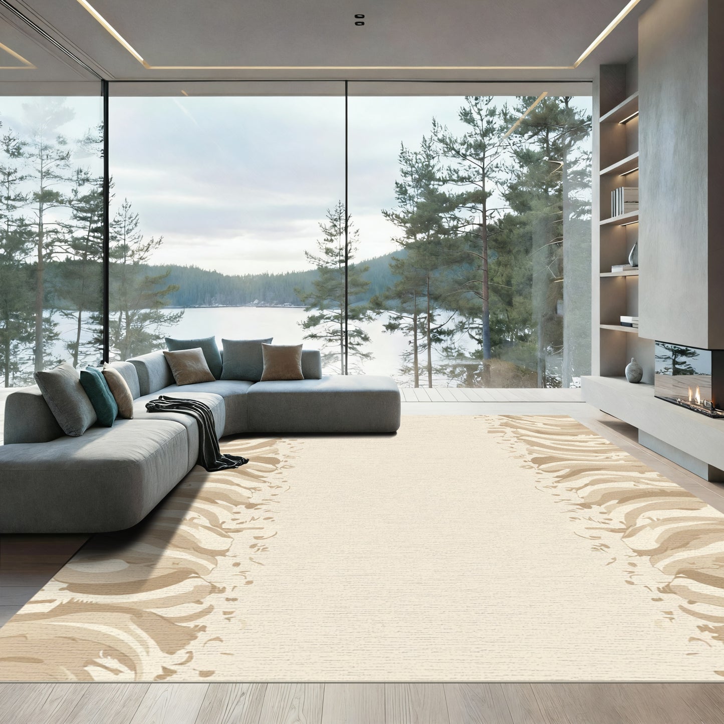 Neutral Beige Abstract Border Rug