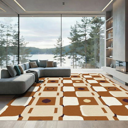 Retro Brown Cream Geometric Check Rug