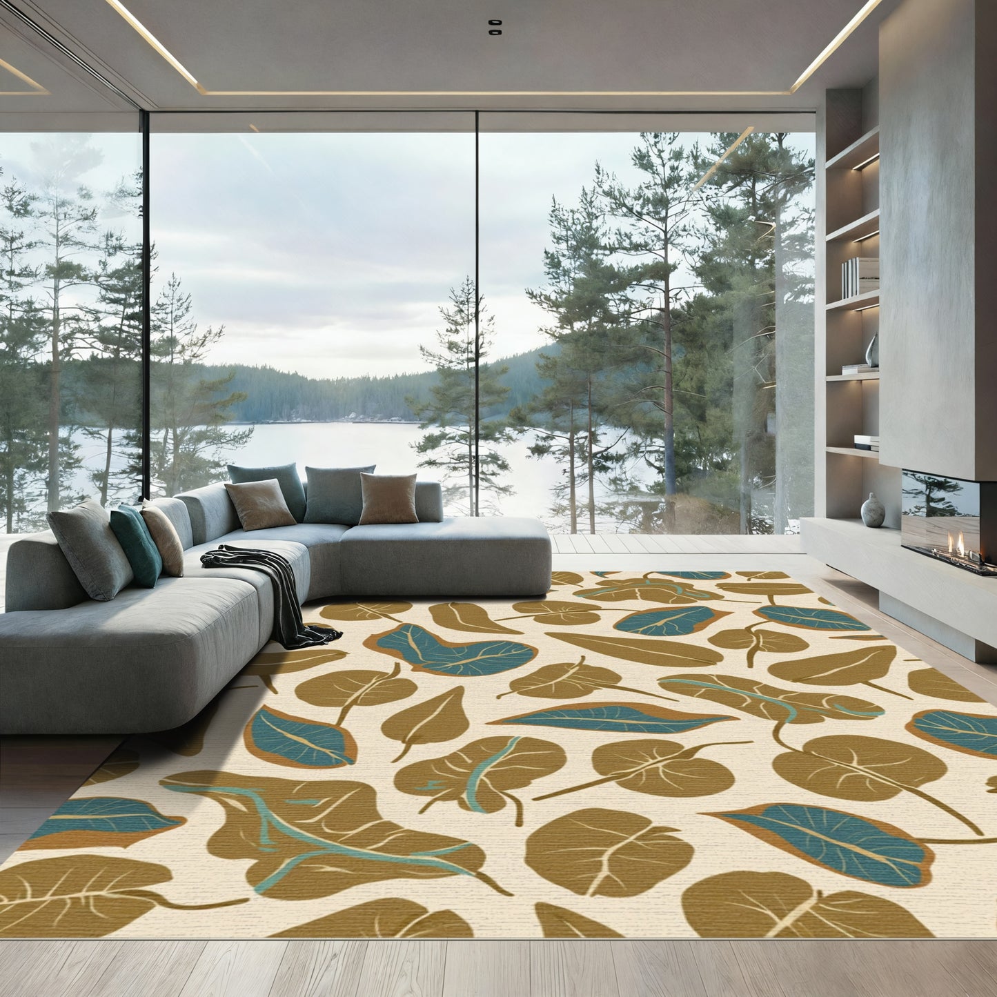Modern Brown Blue Leafy Garden Rug