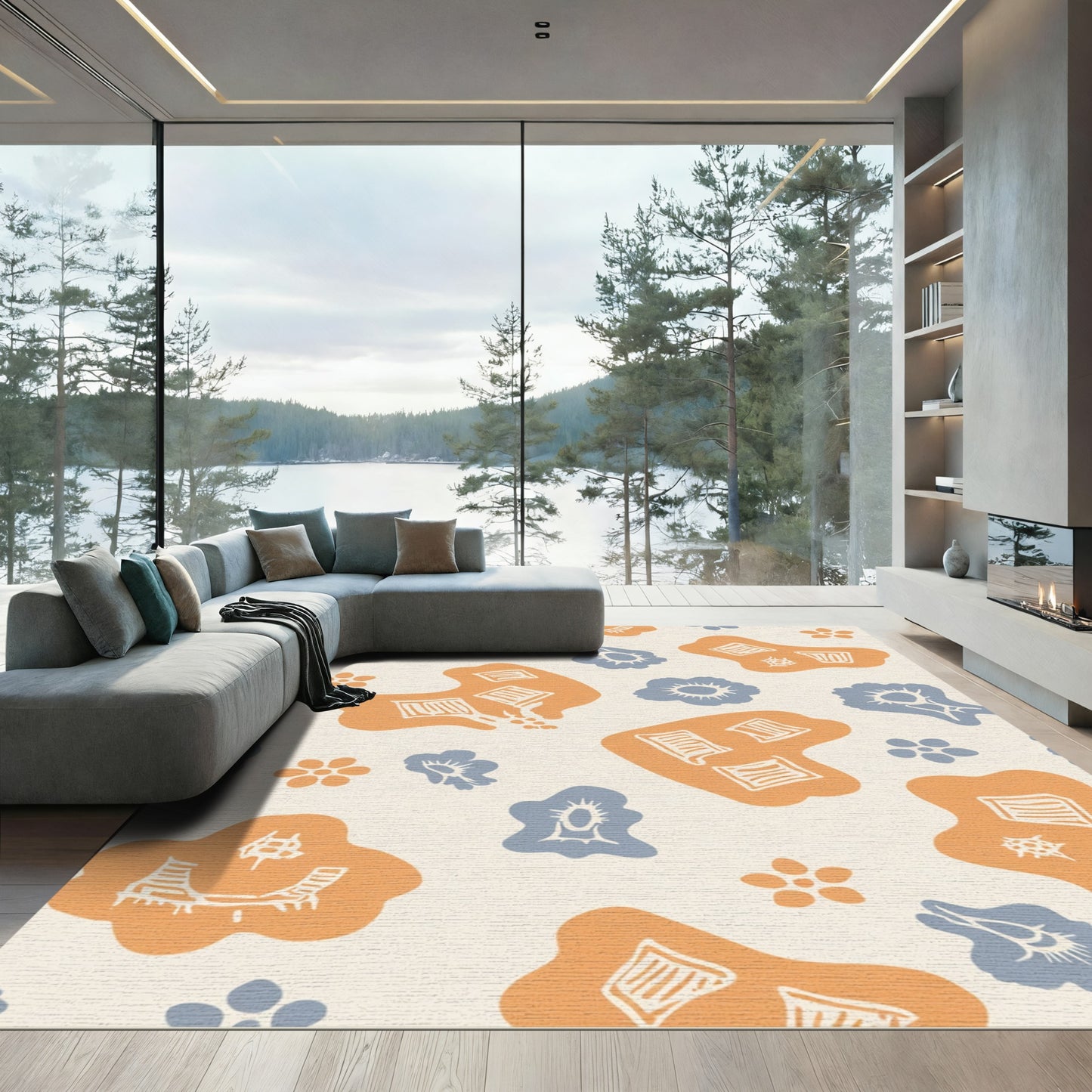 Amber Blue Mid Century Abstract Shapes Rug