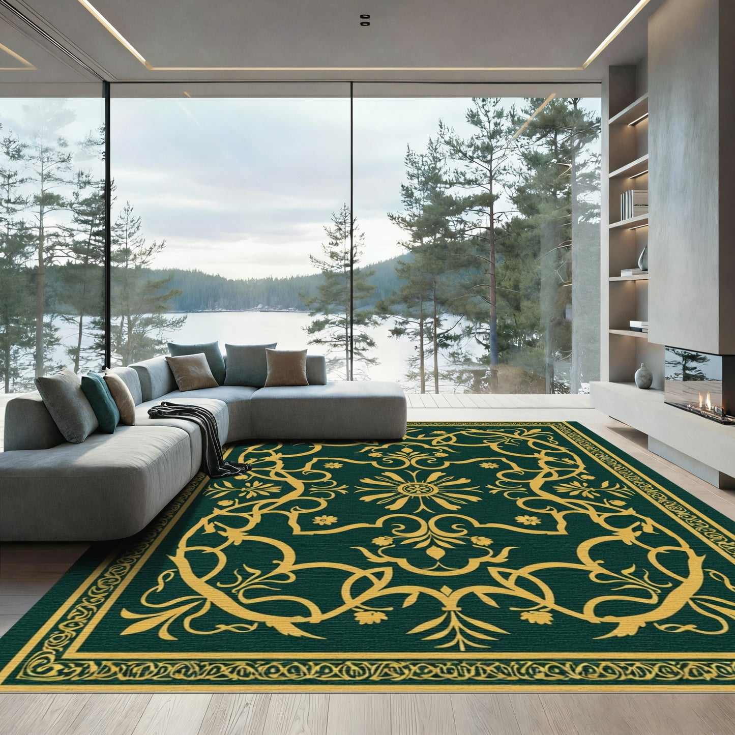 Deep Green Floral Gold Medallion Rug