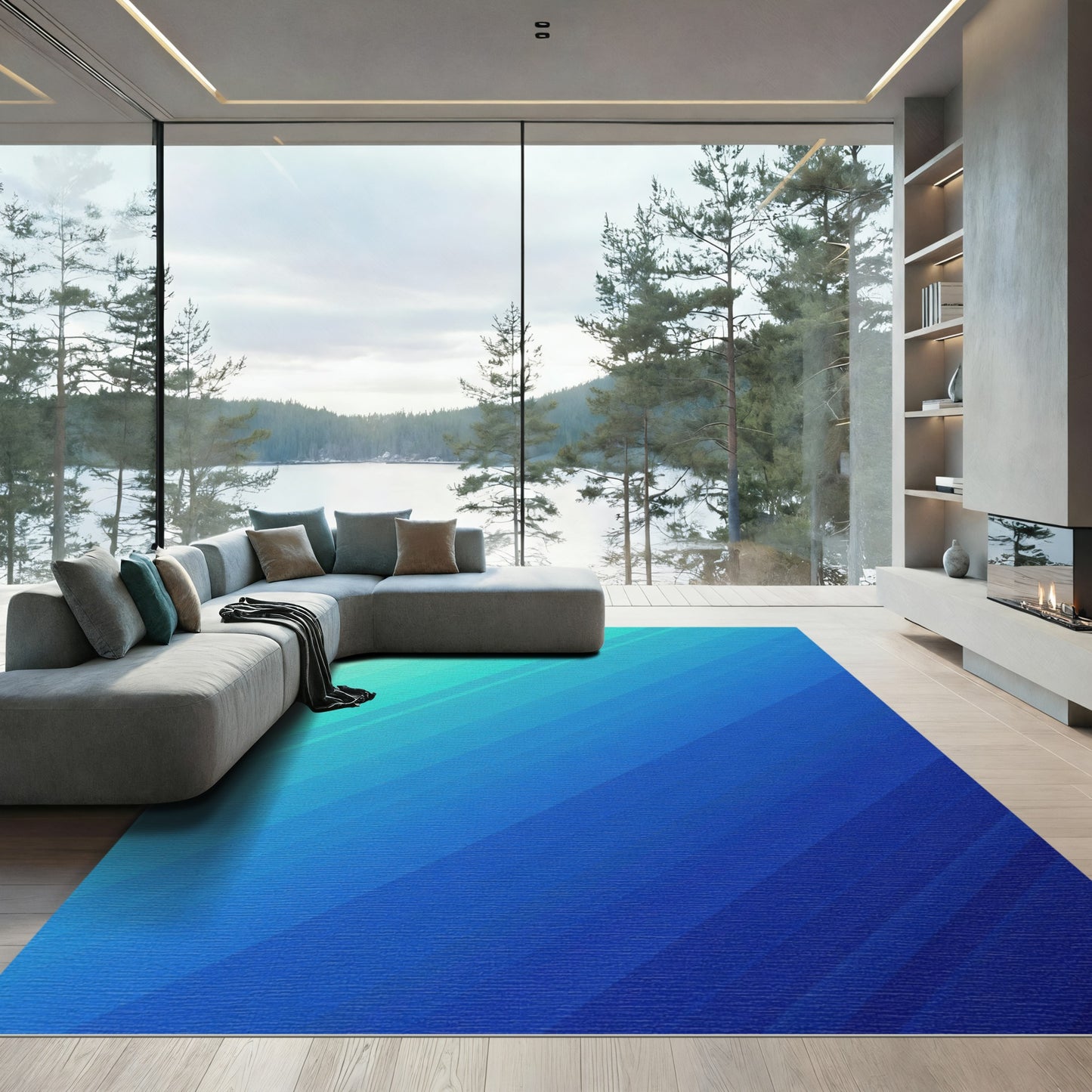 Ocean Blue Gradient Diagonal Stripes Rug