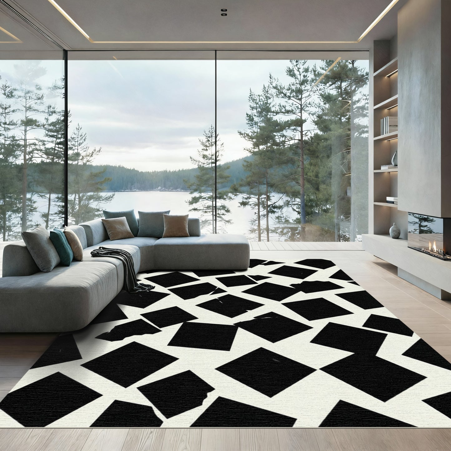 Modern Black Distorted Square Ground Rug