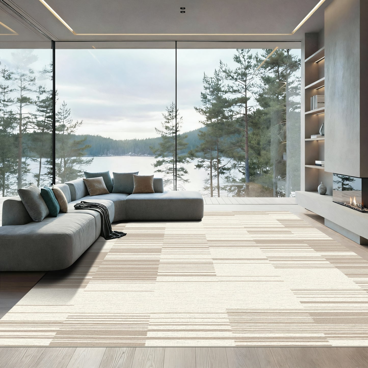 Ecru Taupe Horizontal Stripe Blocks Rug
