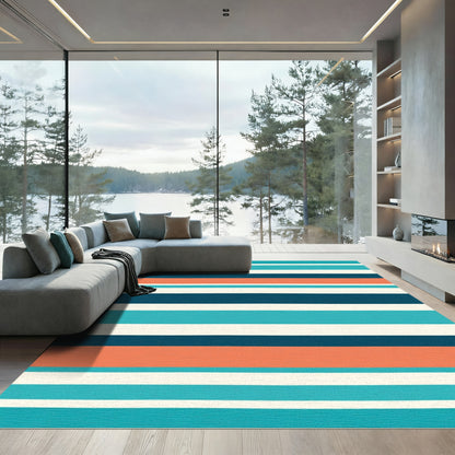 Coral Turquoise Cream Navy Stripe Rug