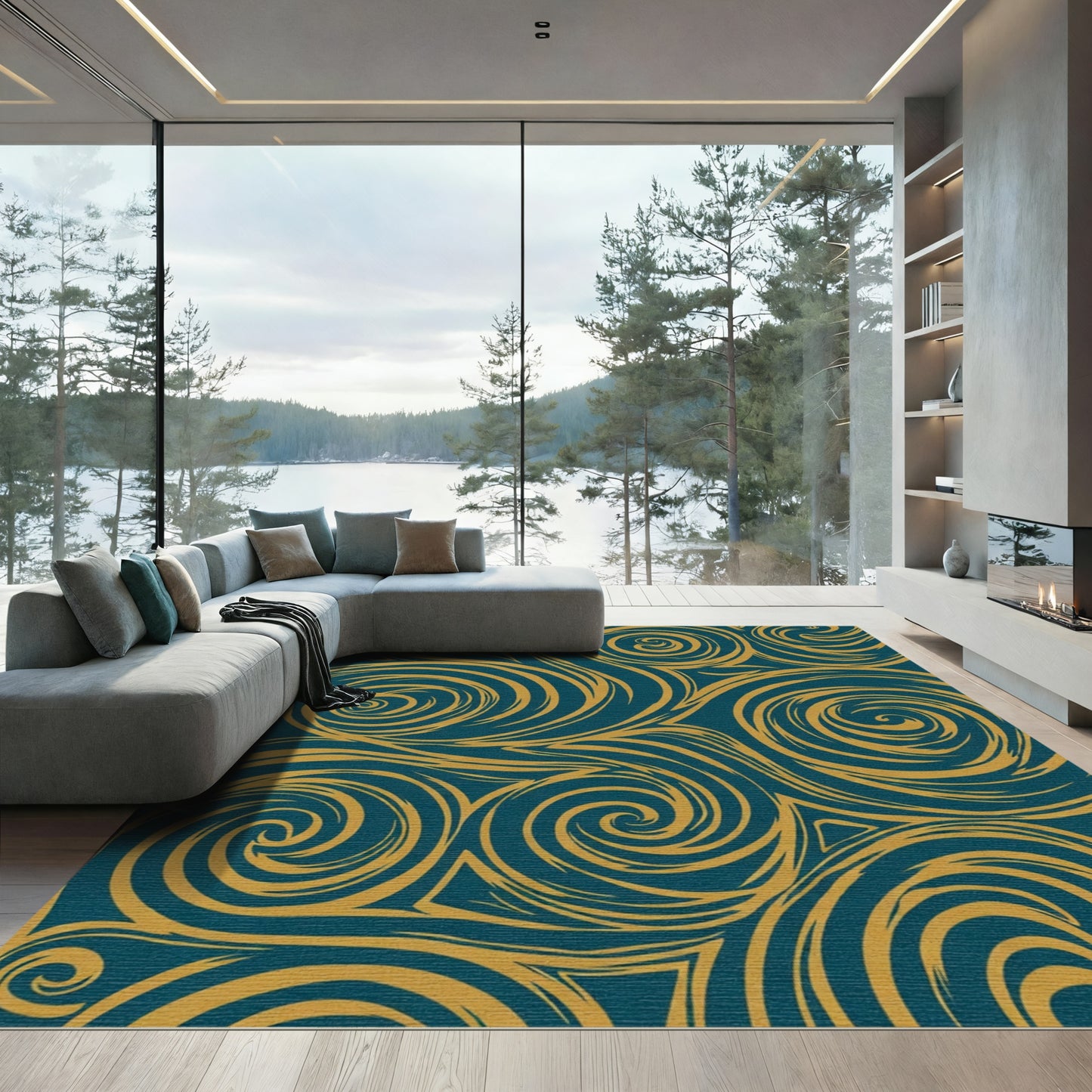 Teal and Gold Swirls Rug