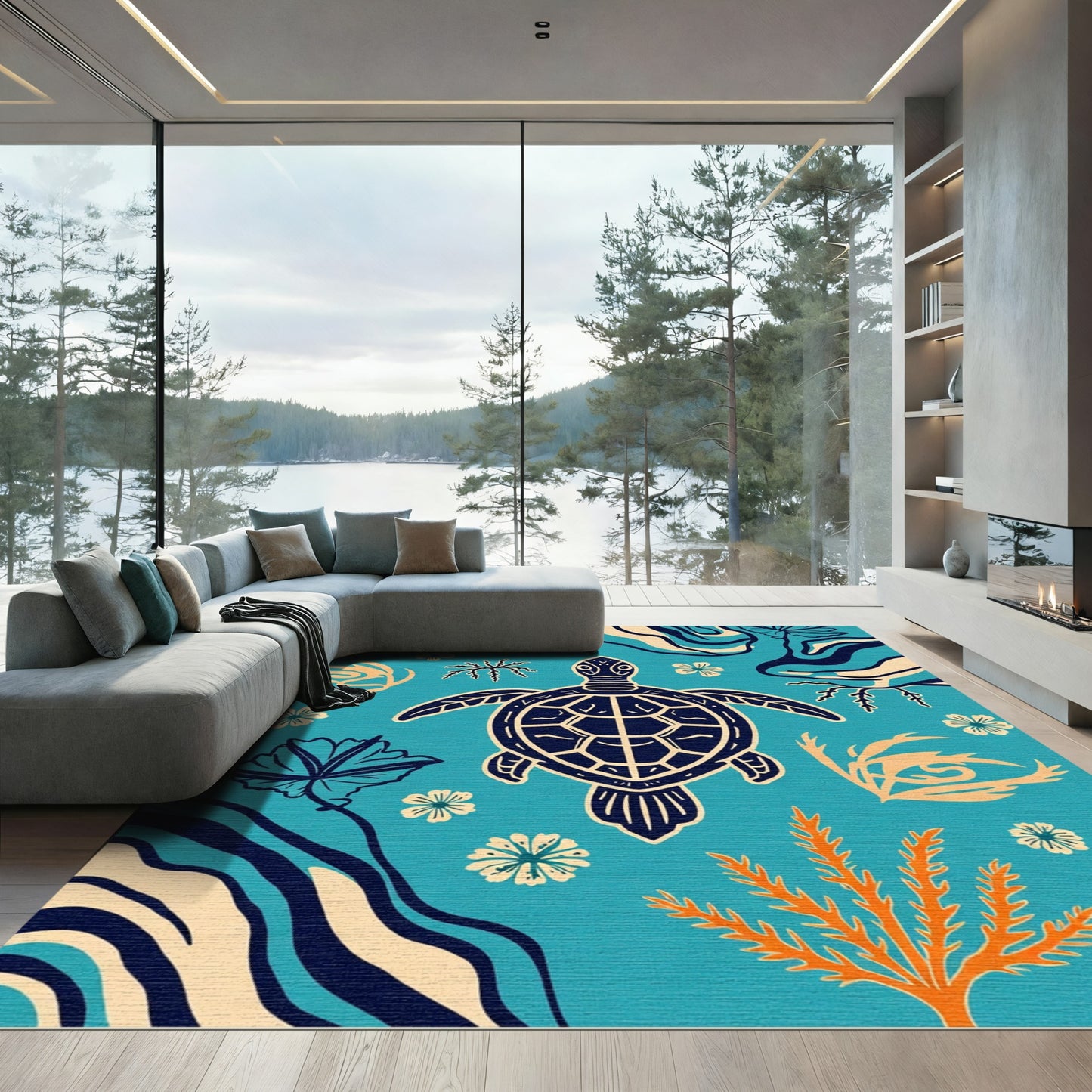 Oceanic Turtle Coral Floral Swirls Rug