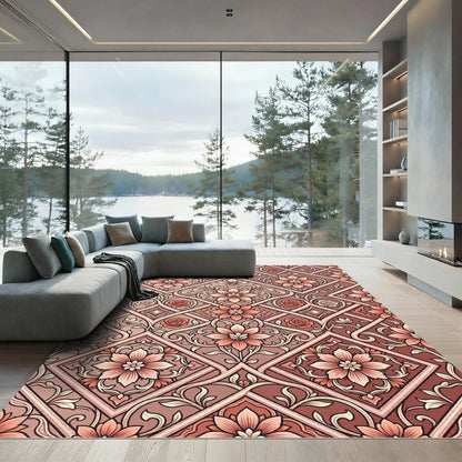 Salmon Pink Floral Diamond Lattice Rug