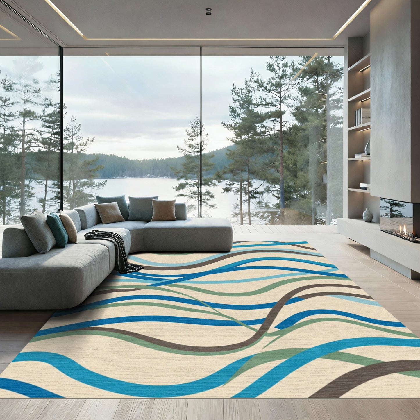 Cool Blue And Brown Wavy Lines Rug