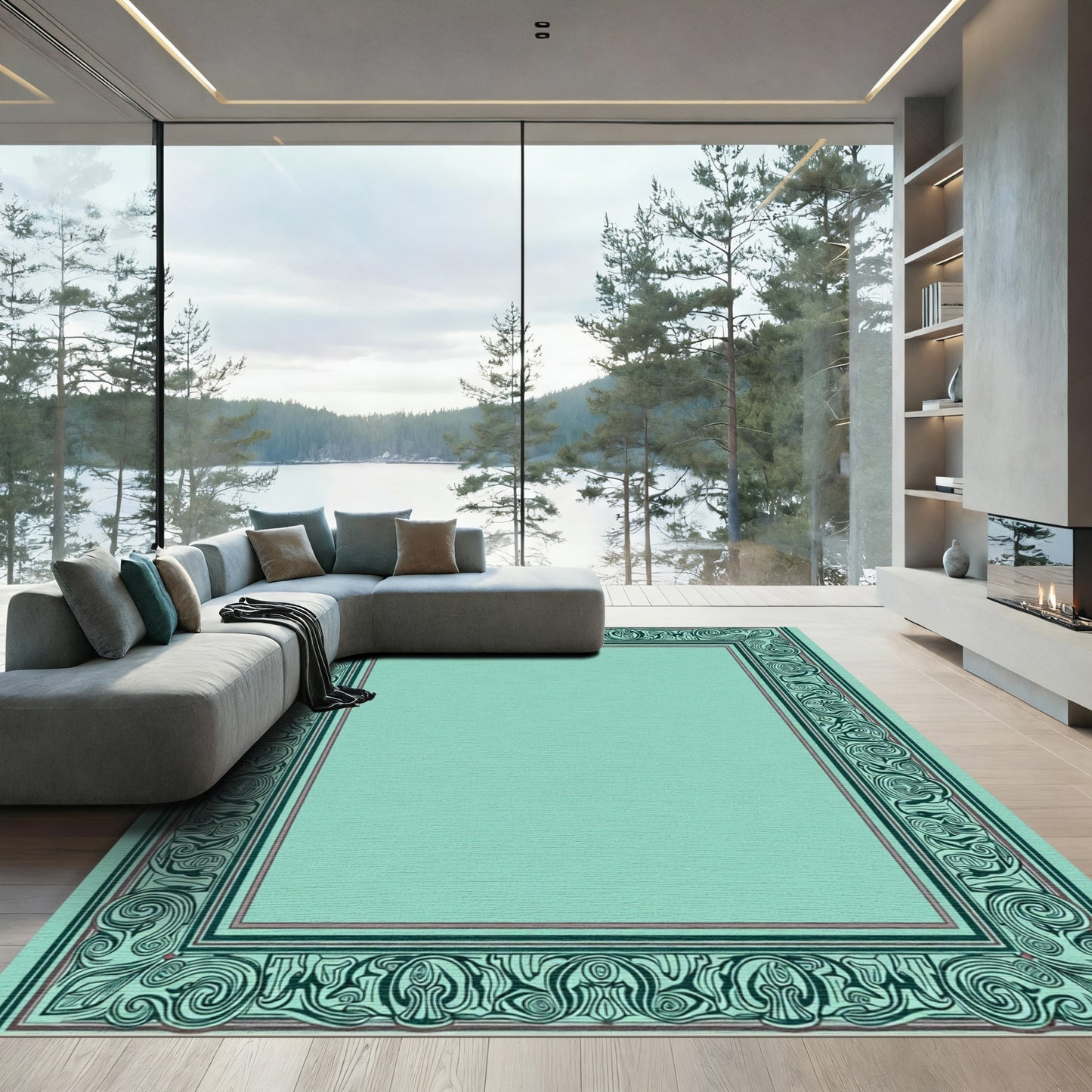Mint Green Art Nouveau Border Rug
