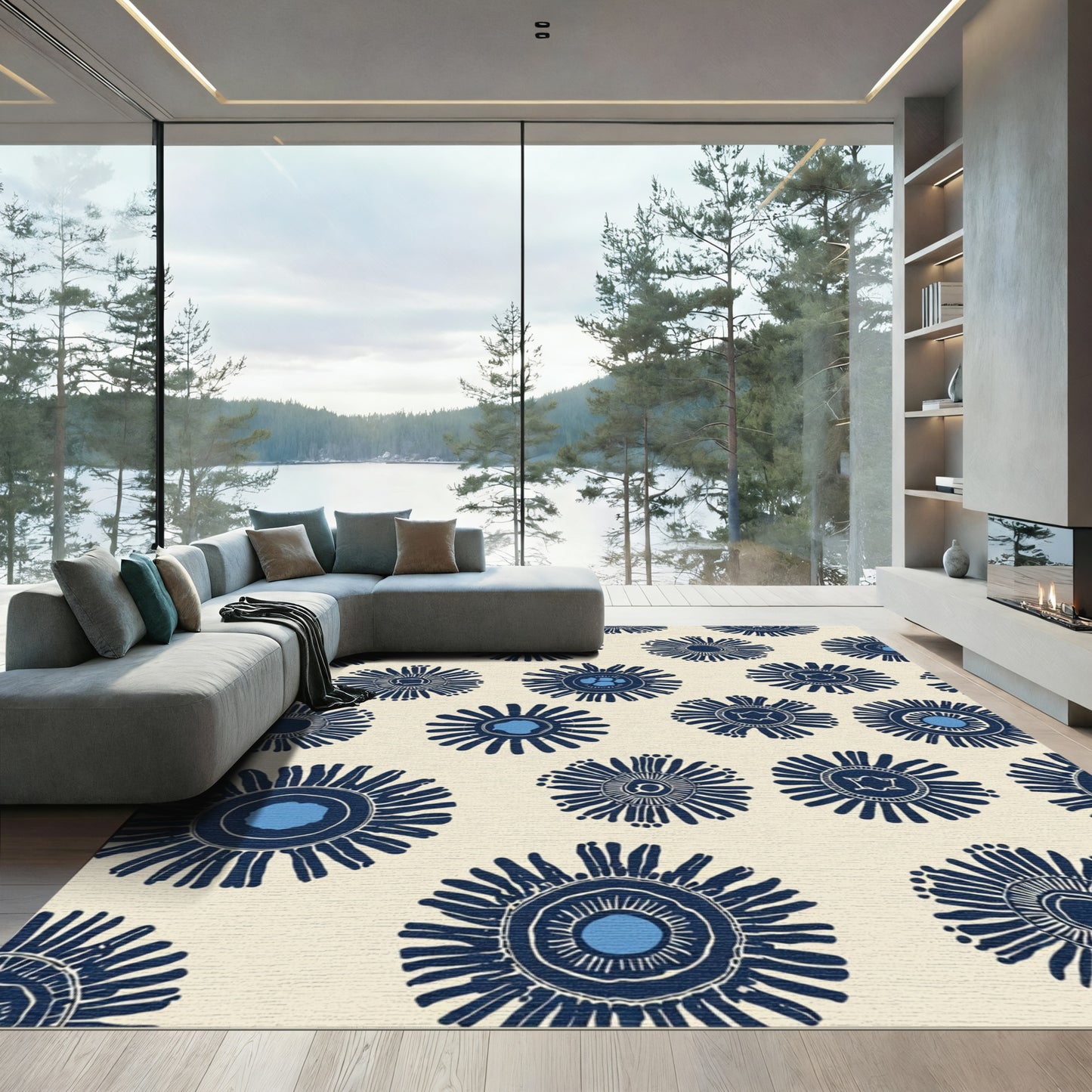 Navy Blue Sunburst Floral Cream Rug