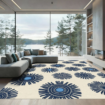 Navy Blue Sunburst Floral Cream Rug