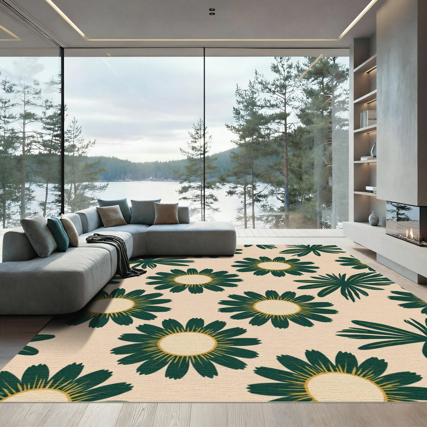 Deep Green Floral Mid Century Modern Rug