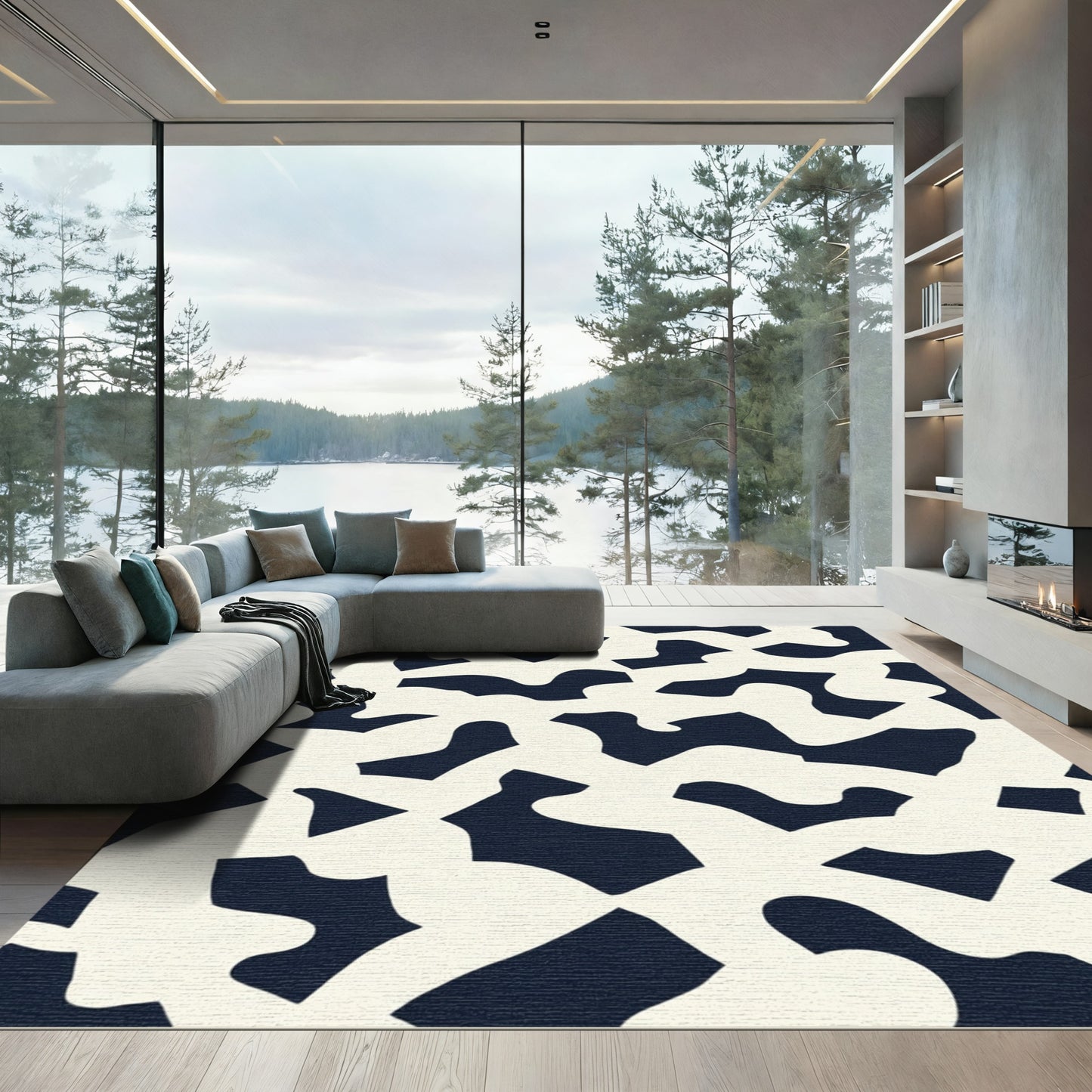 Abstract Navy and Ivory Organic Shapes Rug