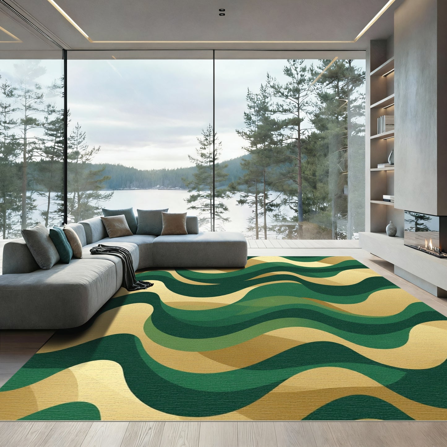 Emerald Gold Swirling Waves Rug