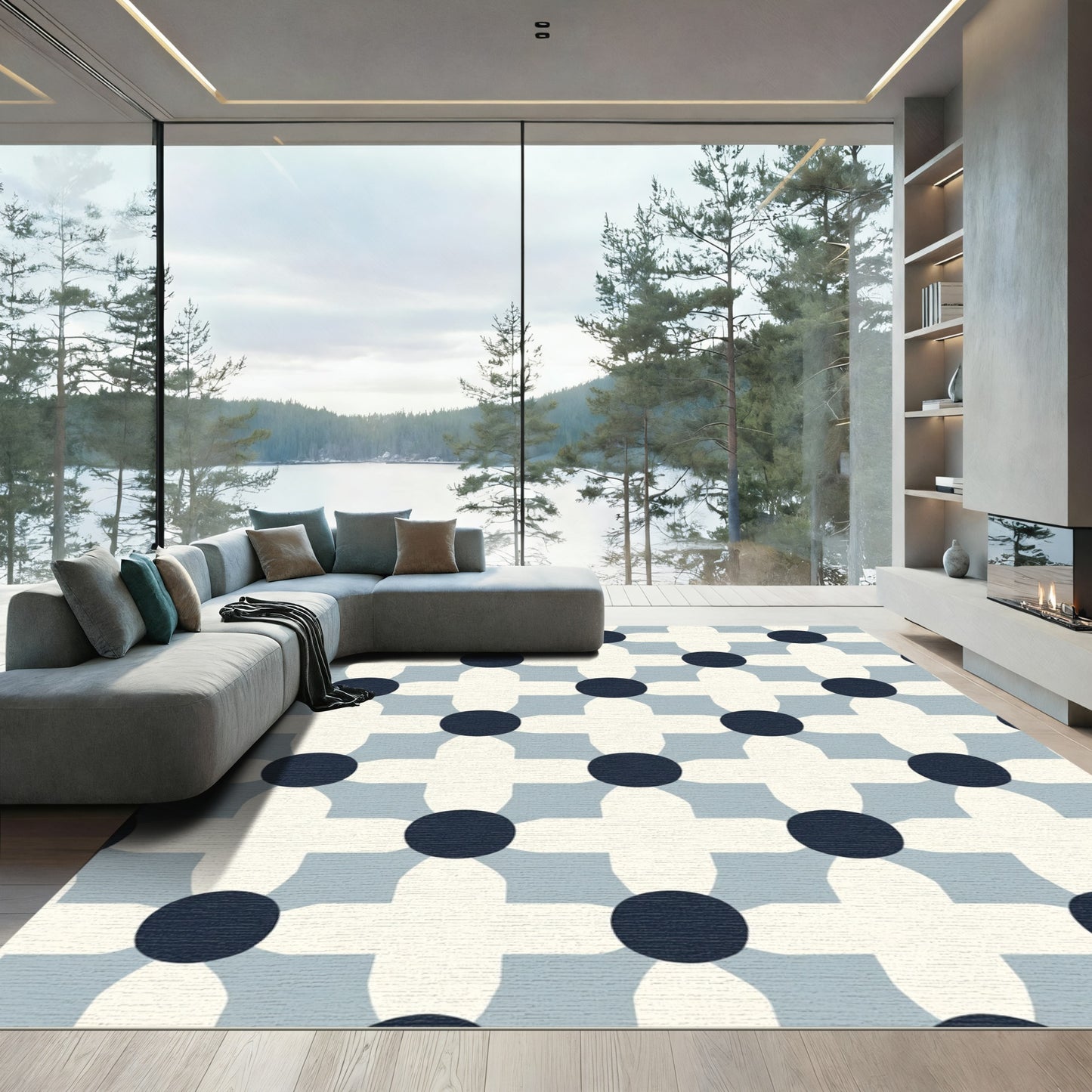 Navy Blue Mid Century Floral Grid Rug