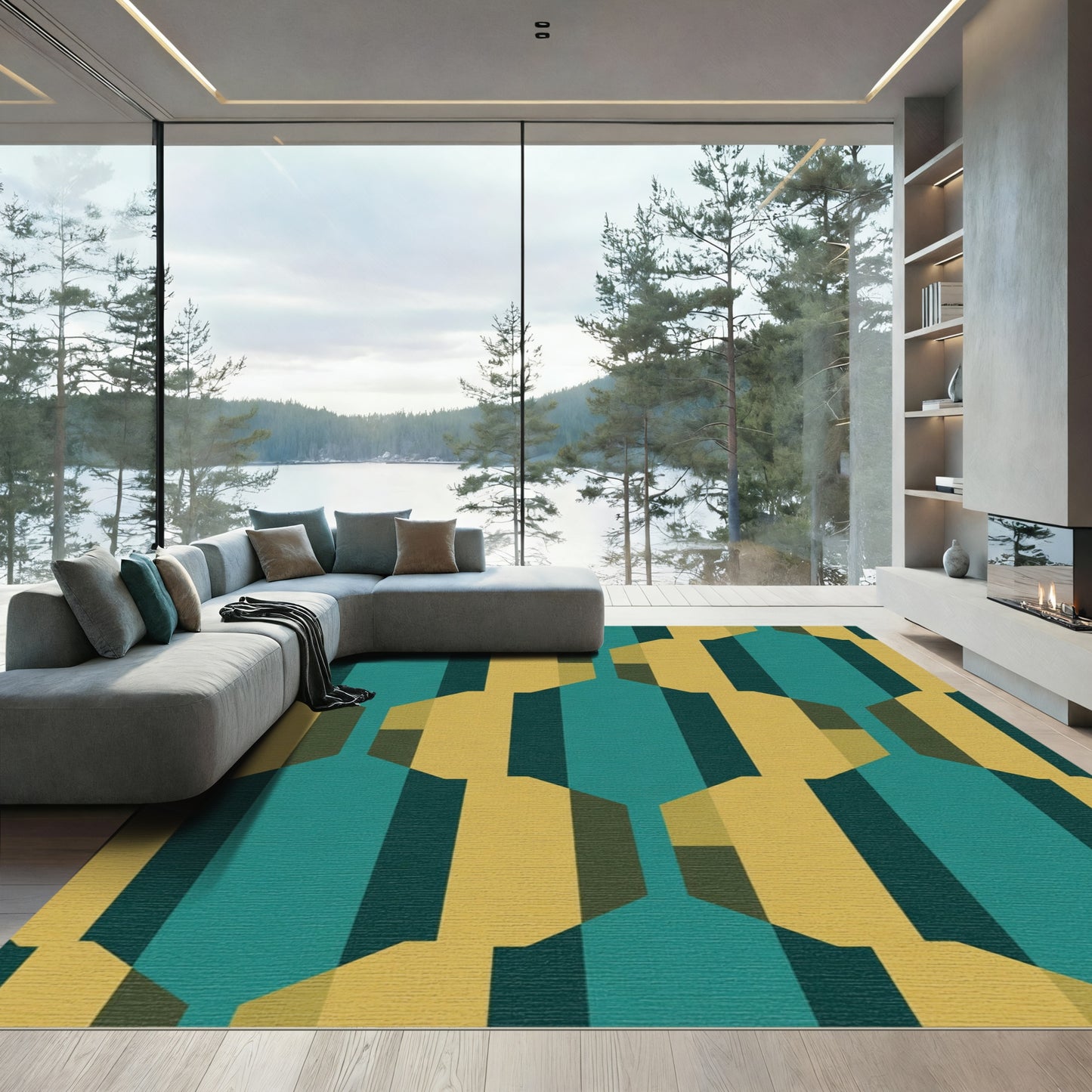 Teal Gold Geometric Octagon Repeats Rug