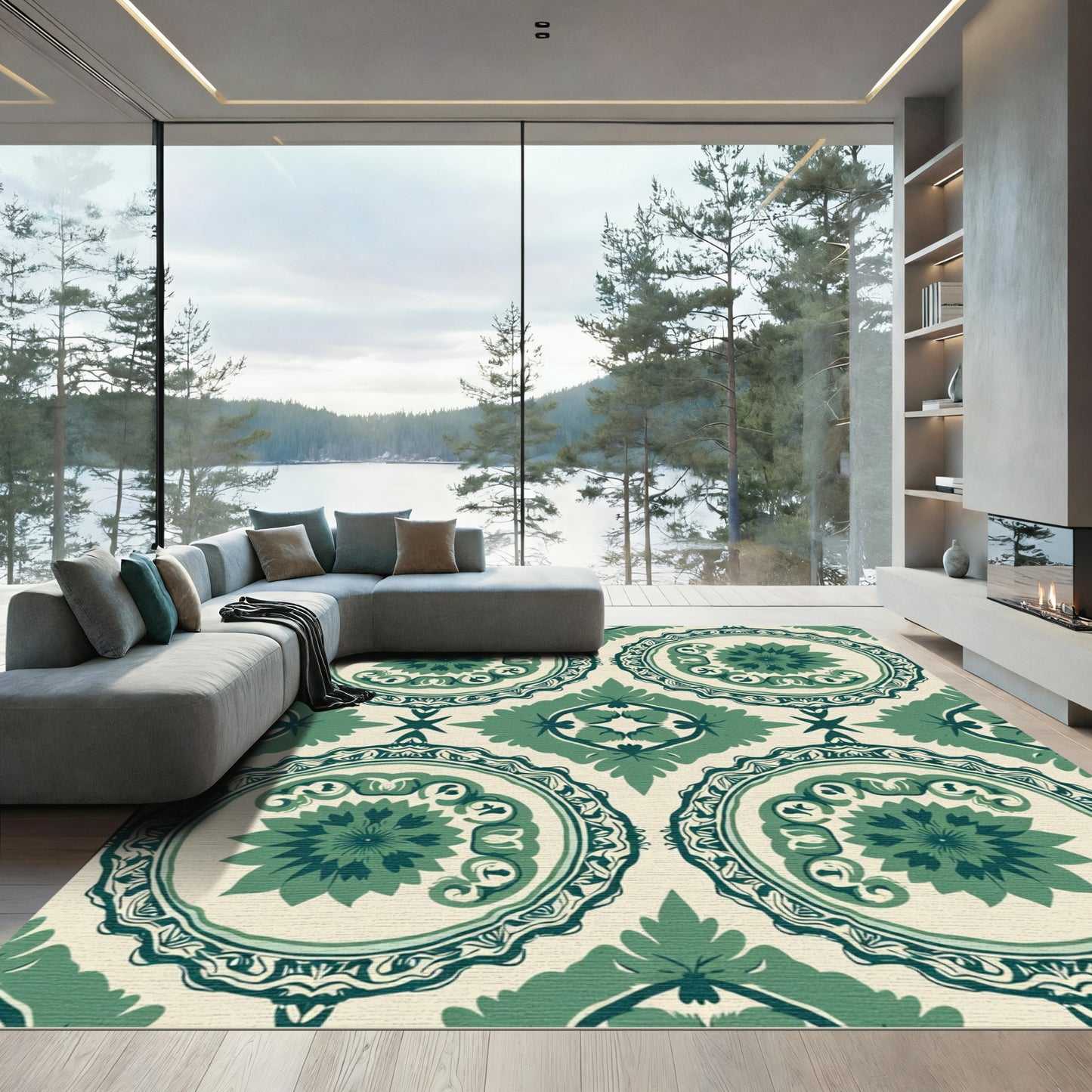 Emerald Green Floral Medallion Tapestry Rug
