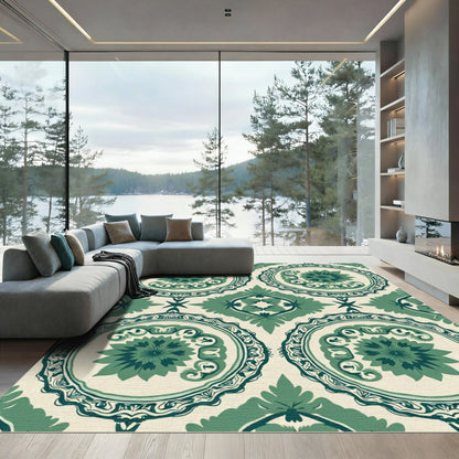 Emerald Green Floral Medallion Tapestry Rug