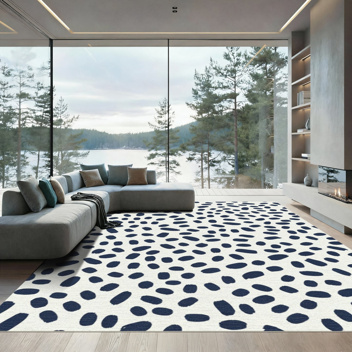 Navy Speckled Cream Abstract Brushstroke Rug