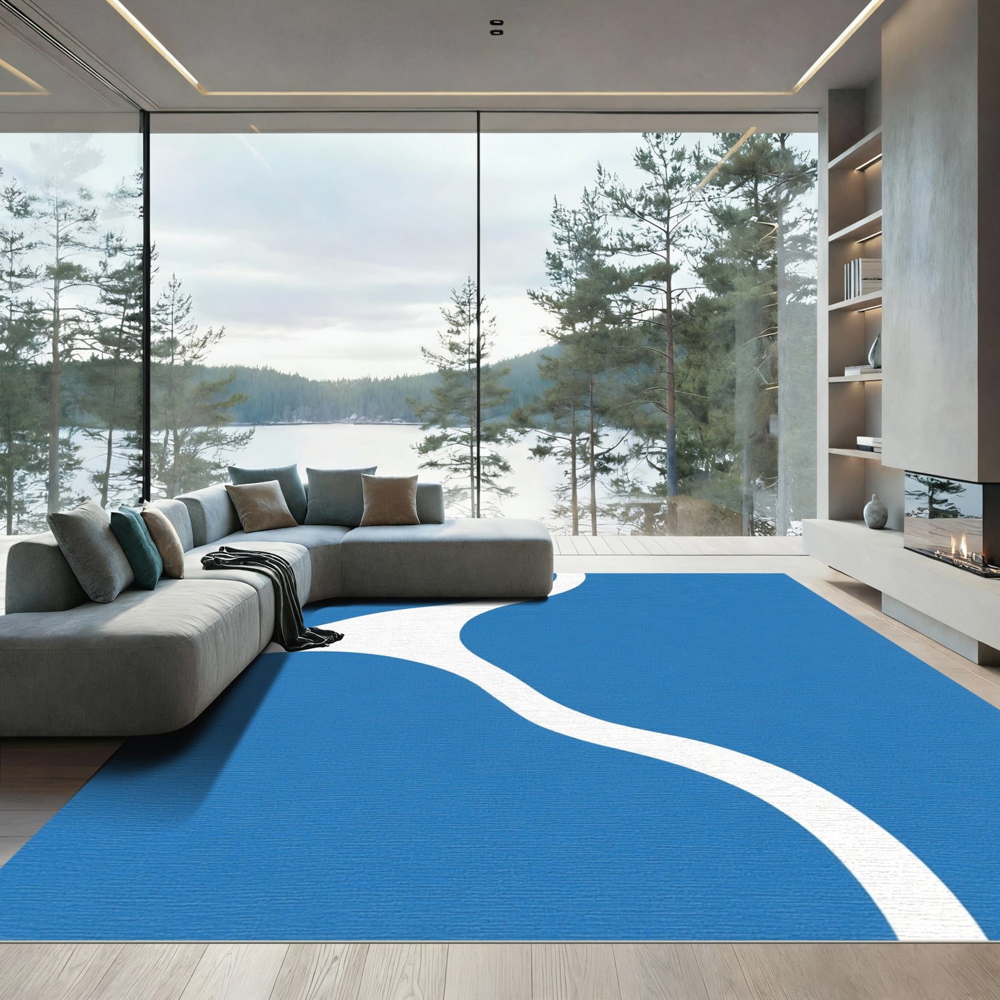 Modern Blue Abstract Organic Flow Rug