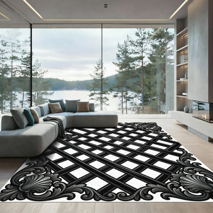 Ornate Black Lattice Scroll Rug