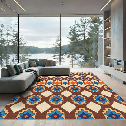 Brown Blue Orange Geometric Diamond Rug