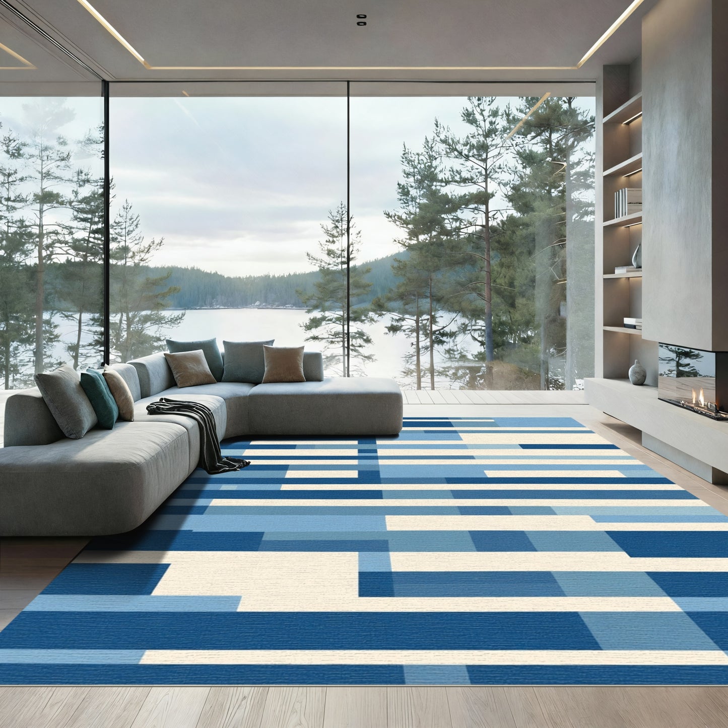 Abstract Blue Geometric Blocks Rug