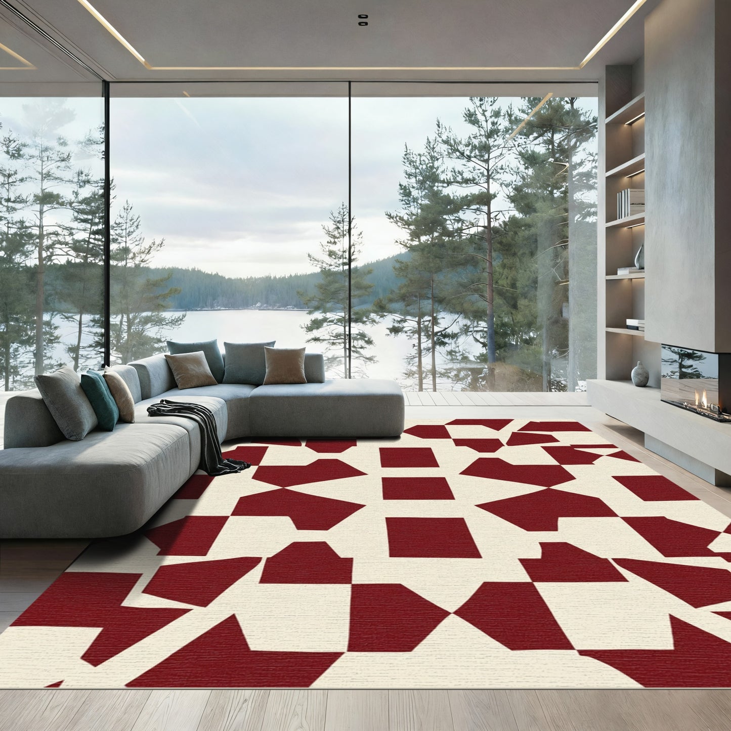 Crimson Abstract Geometric Composition Rug