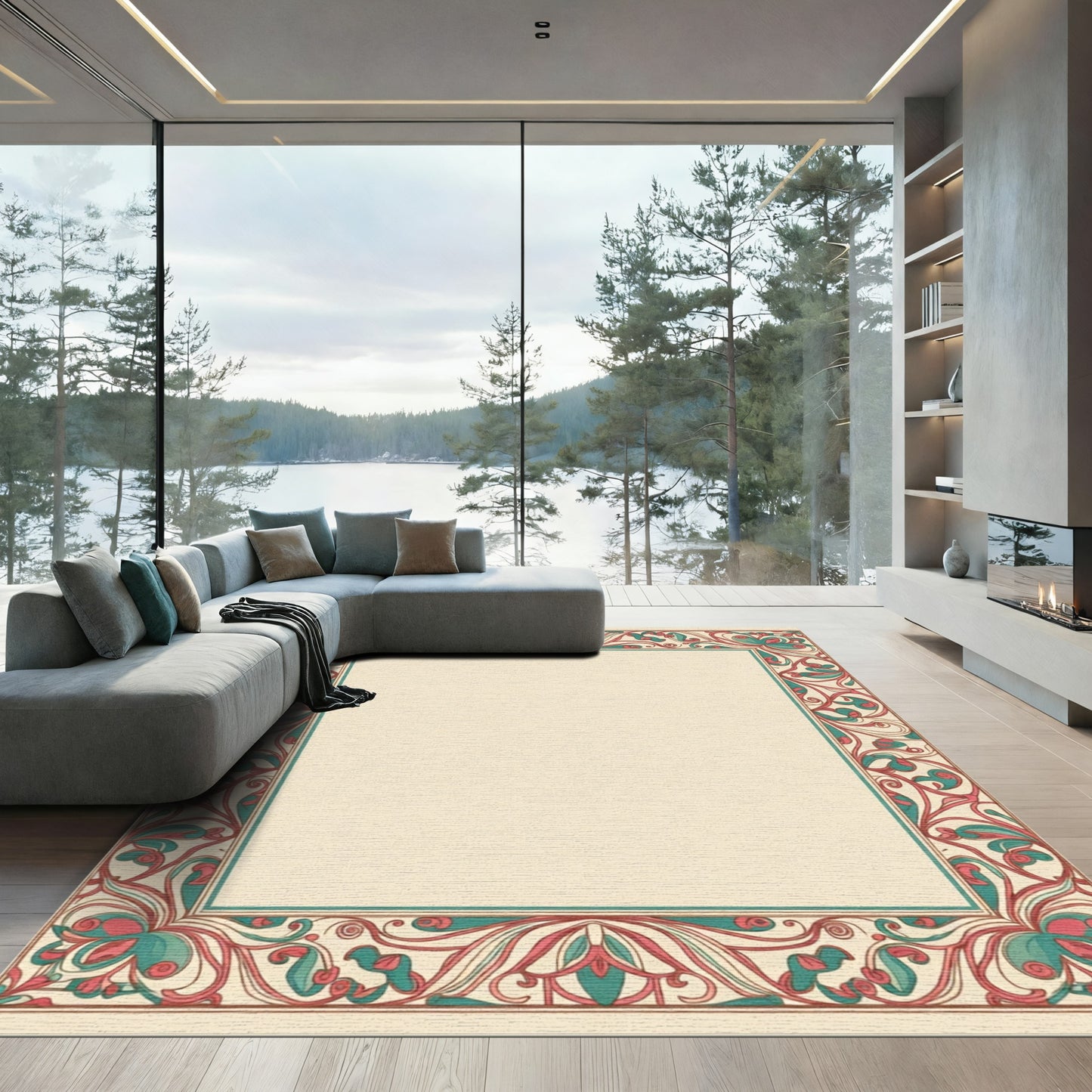 Art Nouveau Red Teal Floral Border Rug