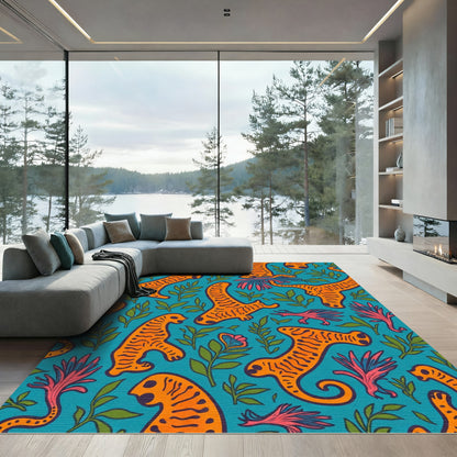 Vibrant Teal Orange Zoological Garden Rug
