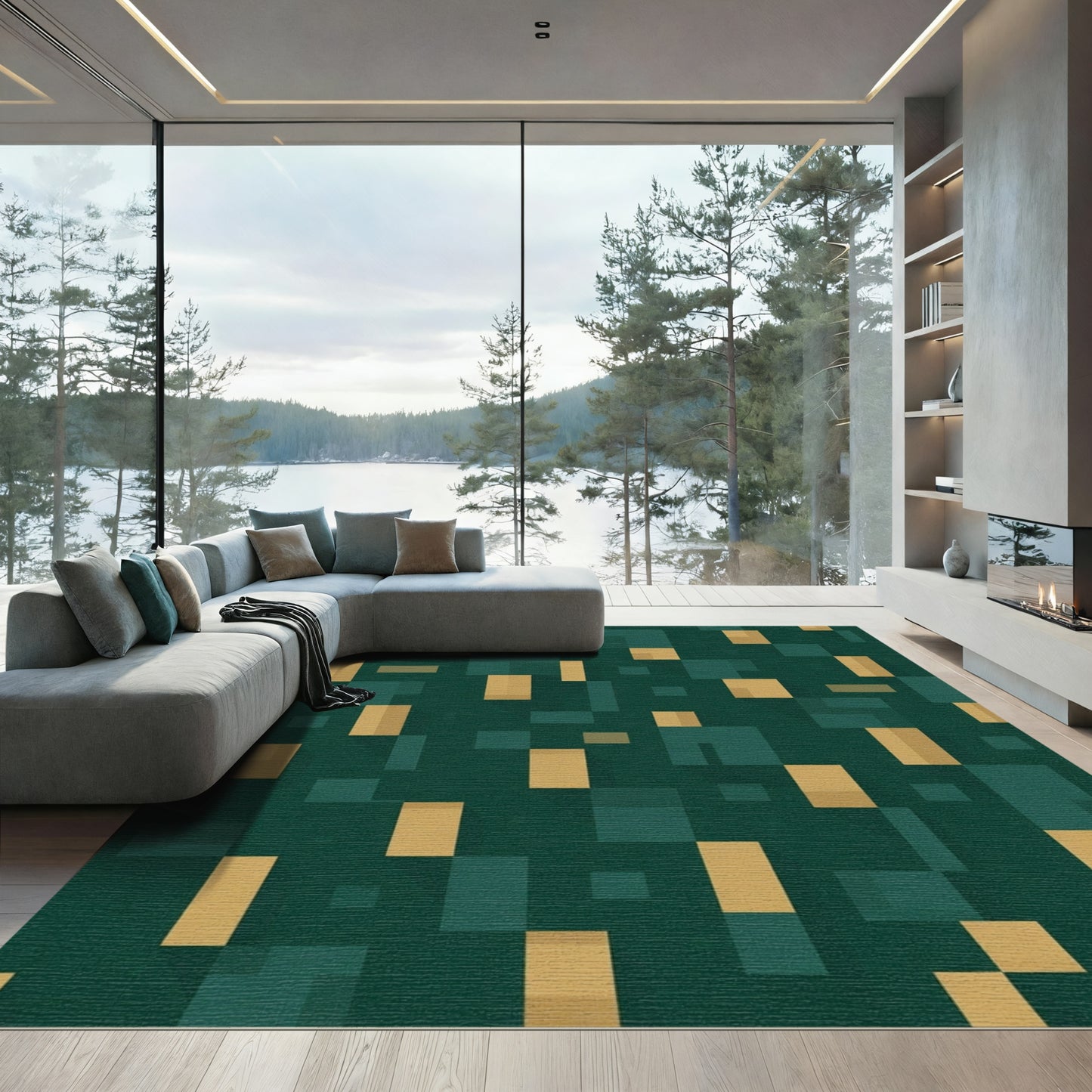 Deep Teal Gold Geometric Blocks Rug