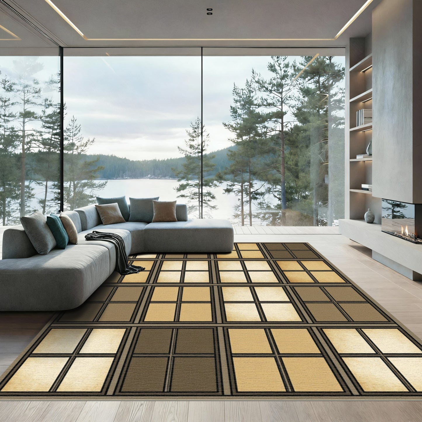 Tonal Windowpane Sepia Grid Rug