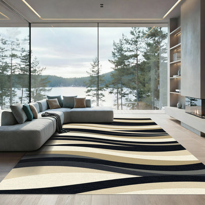 Contemporary Tan Black Wave Rug