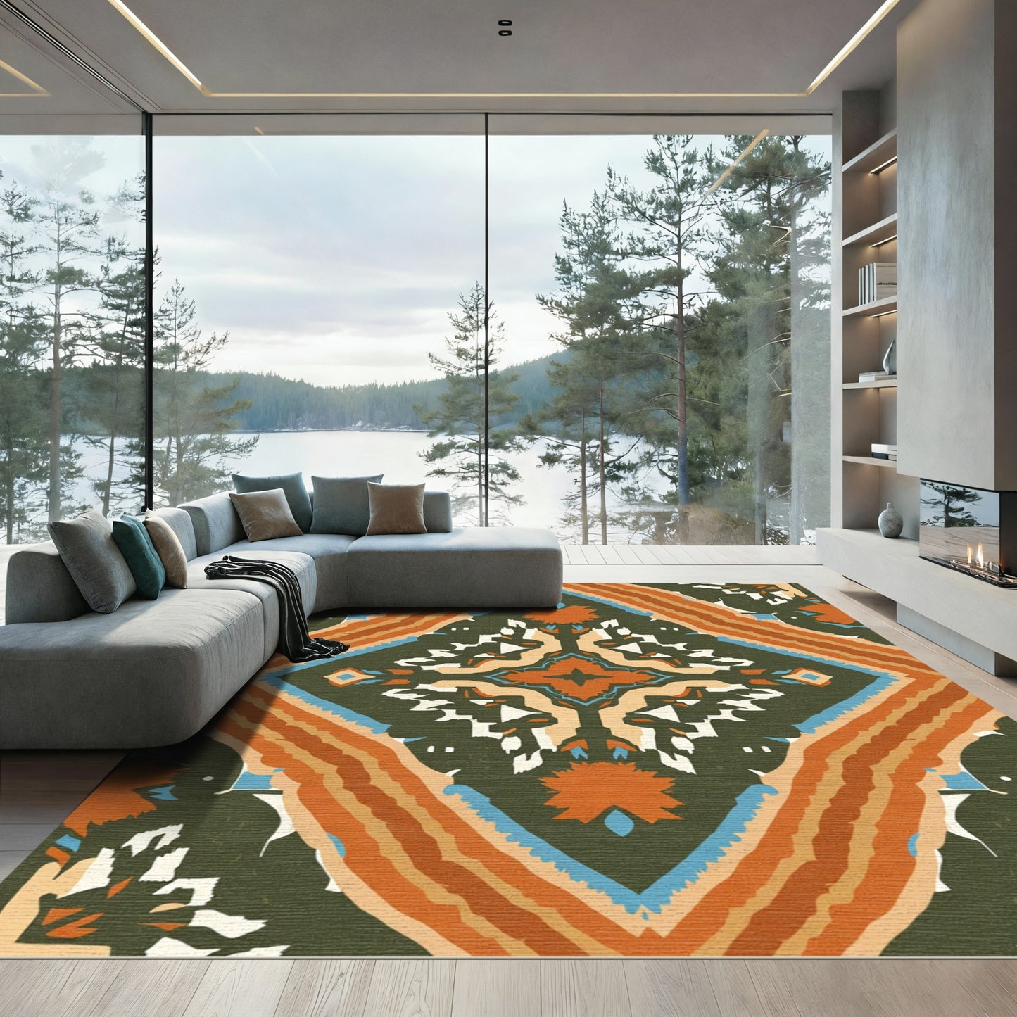 Olive Orange Blue Diamond Complex Medallion Rug