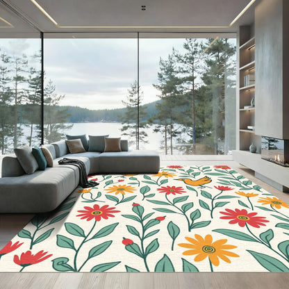 Whimsical Orange Birds Floral Garden Rug