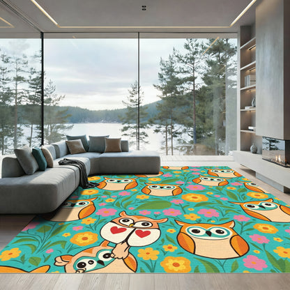 Whimsical Orange Owls Floral Garden Rug