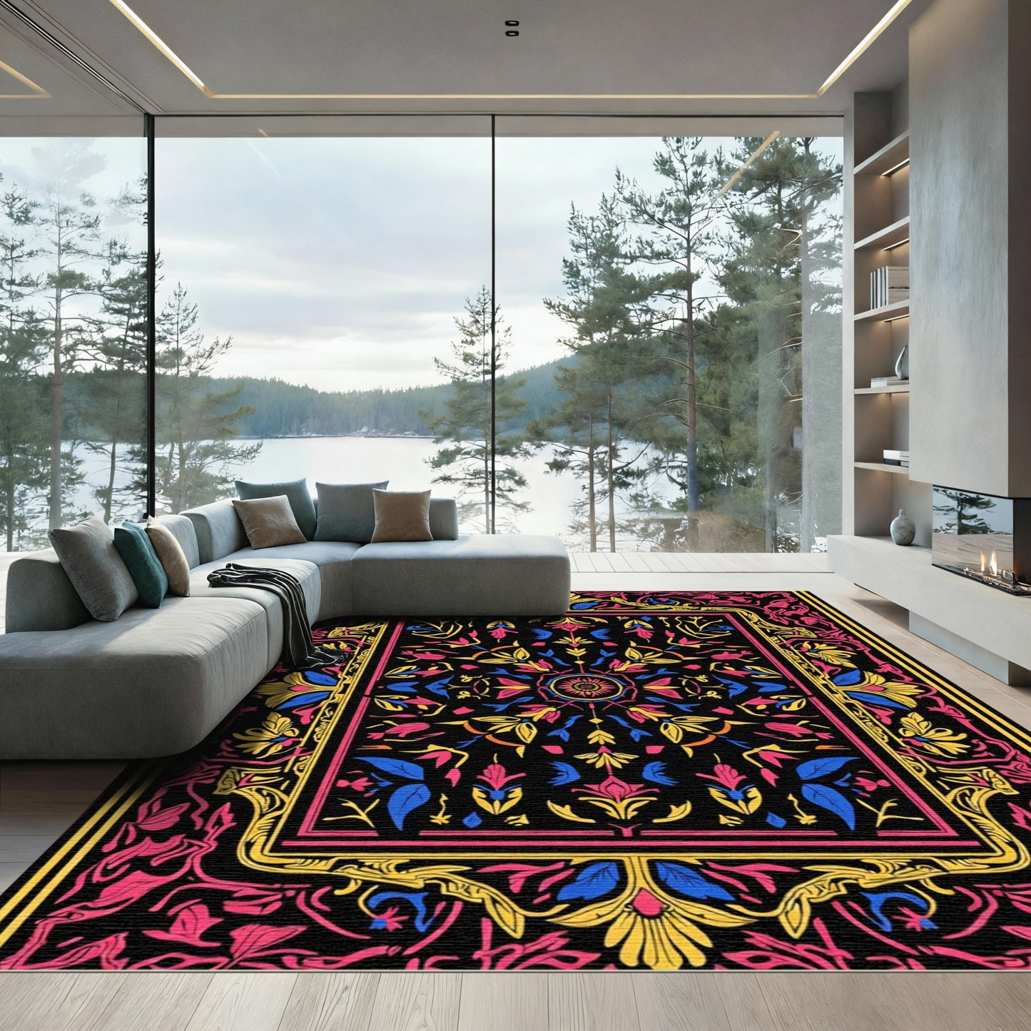 Vibrant Floral Medallion Black Rug